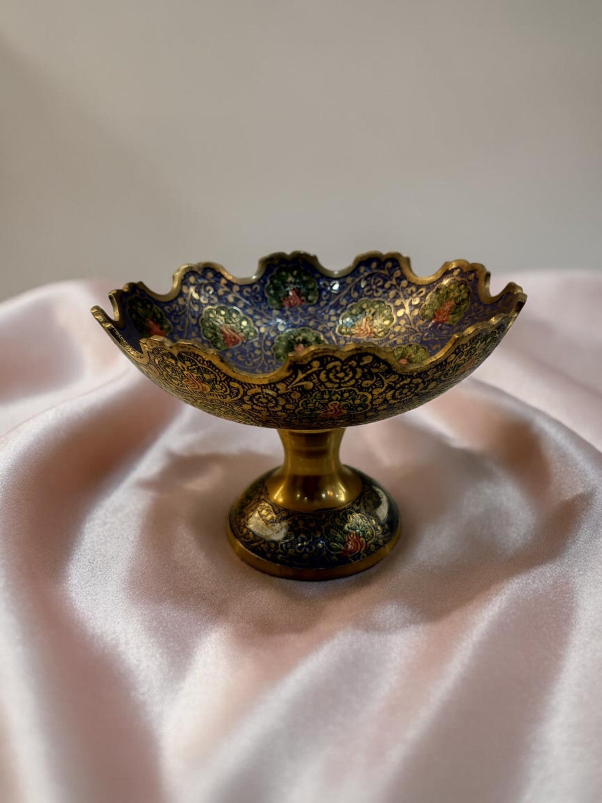 Nilambari Bowl – Brass Meenakari Pedestal Bowl with Peacock Motifs & Wavy Rim – Brass | Diwali Gifting | Home Decor | Housewarming Gift | Wedding Gift