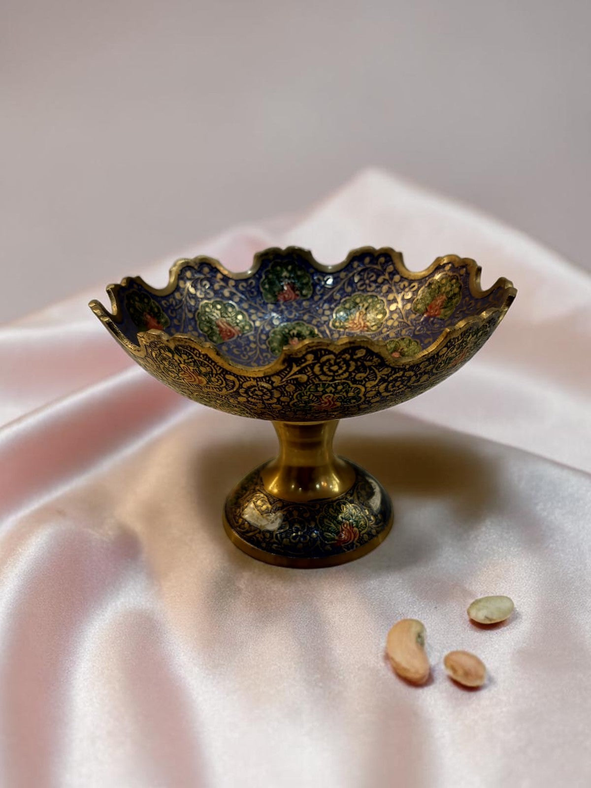 Nilambari Bowl – Brass Meenakari Pedestal Bowl with Peacock Motifs & Wavy Rim – Brass | Diwali Gifting | Home Decor | Housewarming Gift | Wedding Gift
