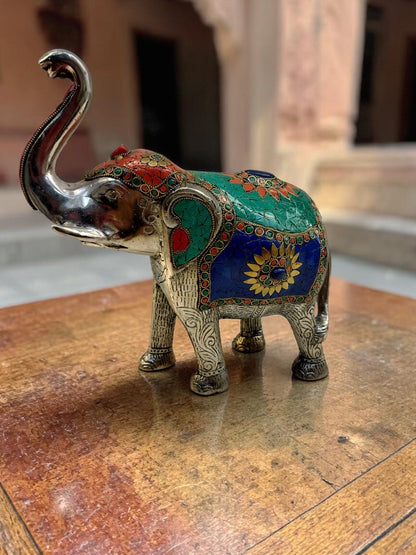 Raj Vilas Hathi – Silver Finish Metal Elephant with Handcrafted Stonework – Pooja Decor | Dining Table Use | Premium Gifting | Home Decor | Vastu Decor | Feng Shui