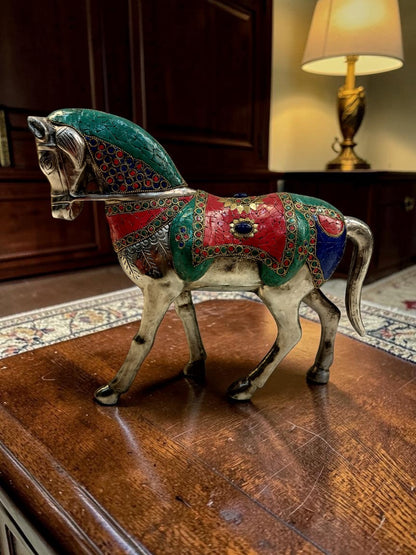 Raj Vilas Ghoda – Silver Finish Metal Horse with Handcrafted Stonework – Premium Gifting | Home Decor | Vastu Decor | Feng Shui