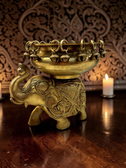 DivyaGaja Urli – Brass Handcarved Elephant Urli with Ghungroo Bells – Brass | Diwali Gifting | Home Decor | Housewarming Gift | Corporate Gifting