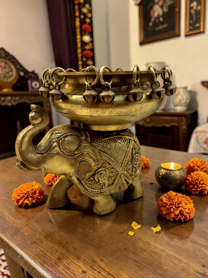 DivyaGaja Urli – Brass Handcarved Elephant Urli with Ghungroo Bells – Brass | Diwali Gifting | Home Decor | Housewarming Gift | Corporate Gifting