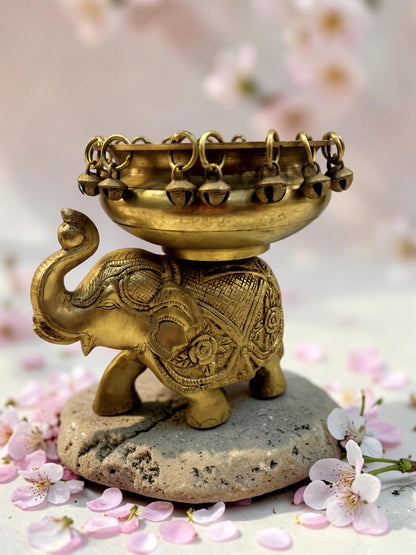 DivyaGaja Urli – Brass Handcarved Elephant Urli with Ghungroo Bells – Brass | Diwali Gifting | Home Decor | Housewarming Gift | Corporate Gifting