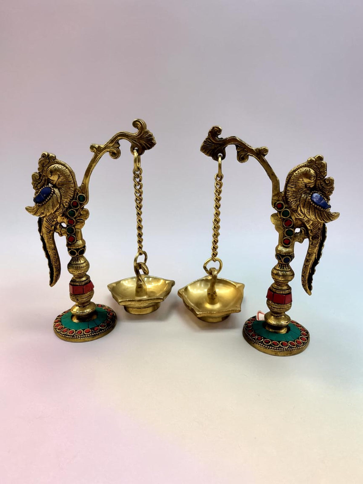 MadhuraPakshi Deep – Brass Hanging Parrot Diya Set with Stone Work – Brass | Pooja Items | Diwali Gifting | Home Decor | Housewarming Gift