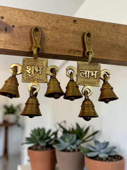 Samriddhi ShubhLabh Bells – Brass Hanging Pair with Auspicious Script & Bells – Brass | Pooja Decor | Diwali Gifting | Home Decor | Housewarming Gift