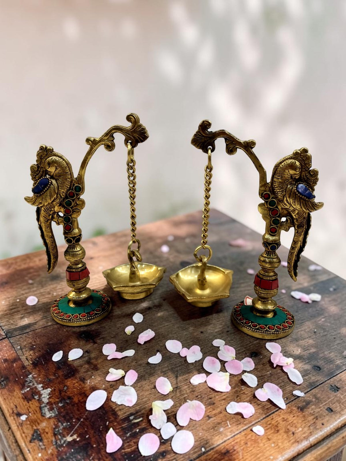MadhuraPakshi Deep – Brass Hanging Parrot Diya Set with Stone Work – Brass | Pooja Items | Diwali Gifting | Home Decor | Housewarming Gift
