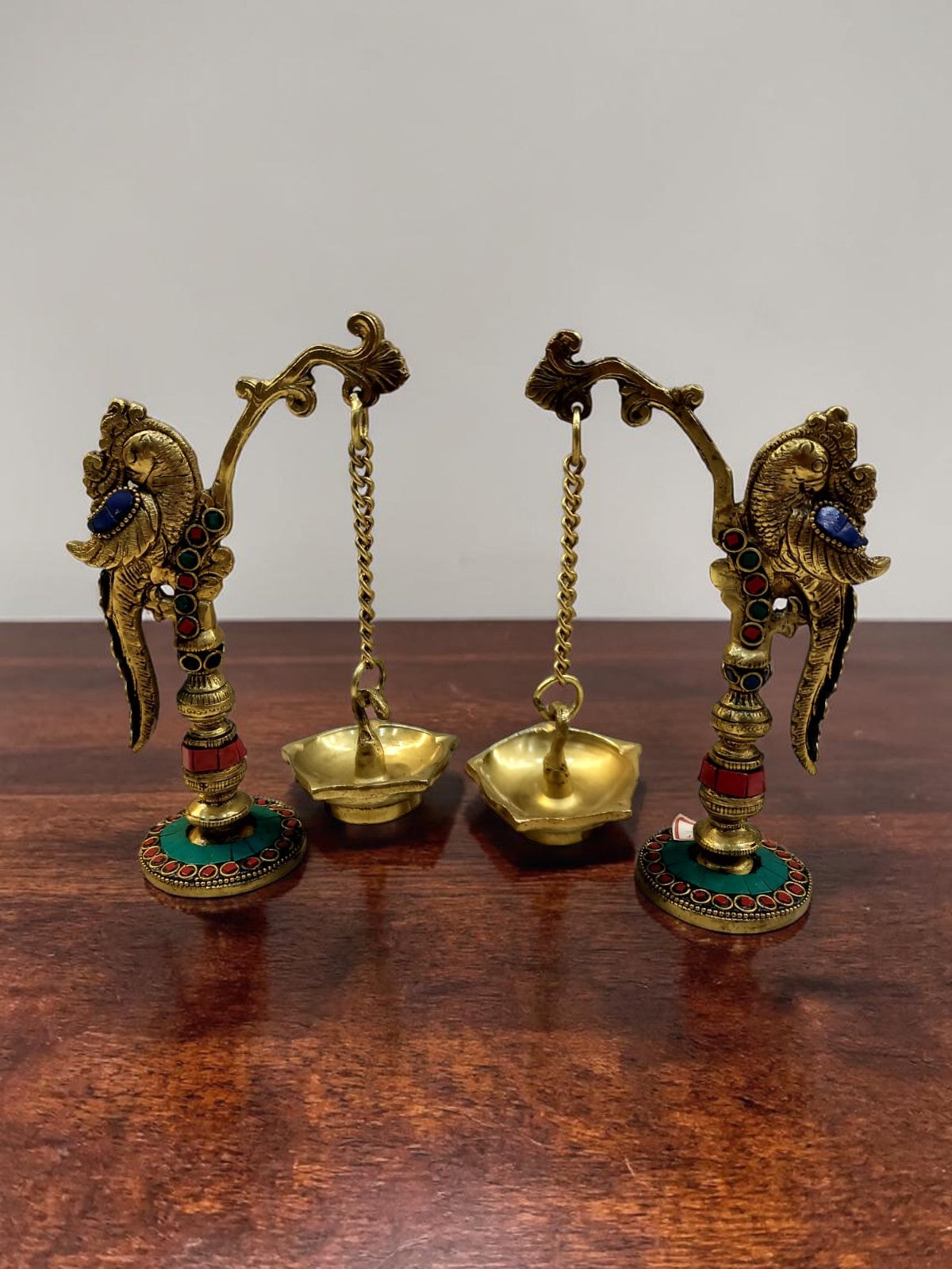 MadhuraPakshi Deep – Brass Hanging Parrot Diya Set with Stone Work – Brass | Pooja Items | Diwali Gifting | Home Decor | Housewarming Gift