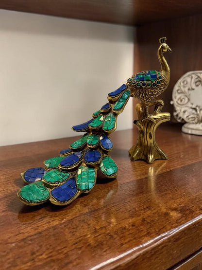 Vaikuntha Mayur – Majestic Pure Brass Peacock (Single) with Malachite Stone Work – Brass | Diwali Gifting | Home Decor | Housewarming Gift | Corporate Gifting