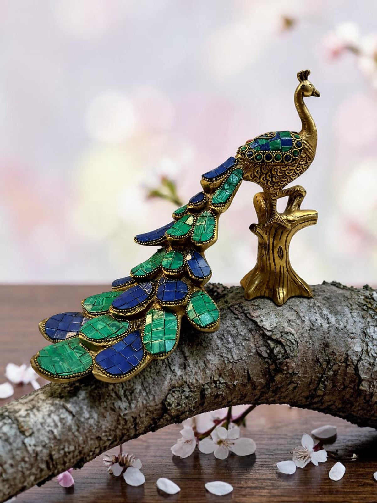 Vaikuntha Mayur – Majestic Pure Brass Peacock (Single) with Malachite Stone Work – Brass | Diwali Gifting | Home Decor | Housewarming Gift | Corporate Gifting