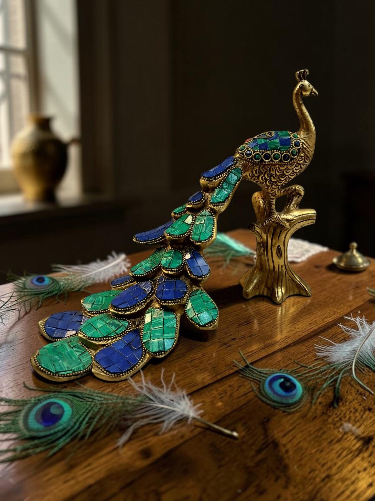 Vaikuntha Mayur – Majestic Pure Brass Peacock (Single) with Malachite Stone Work – Brass | Diwali Gifting | Home Decor | Housewarming Gift | Corporate Gifting