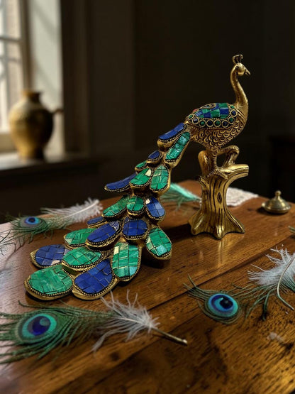 Vaikuntha Mayur – Majestic Pure Brass Peacock (Single) with Malachite Stone Work – Brass | Diwali Gifting | Home Decor | Housewarming Gift | Corporate Gifting