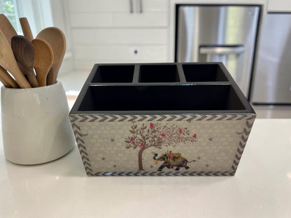 Raj Ivory Organiser – MDF Epoxy Coated Cutlery Stand with Elephant Design – Diwali Gifting | Home Decor | Housewarming Gift | Wedding Gift | Corporate Gifting