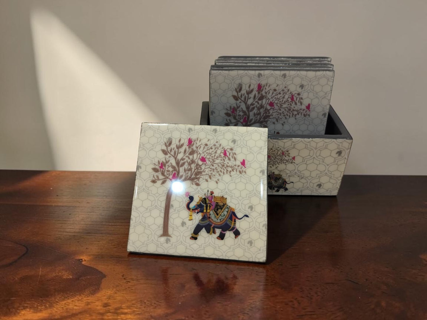 Raj  Ivory Coaster Set – Epoxy Coated MDF Coaster Set of 6 with Holder – Diwali Gifting | Home Decor | Housewarming Gift | Wedding Gift | Corporate Gifting