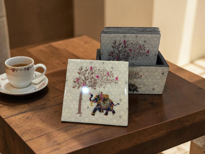Raj  Ivory Coaster Set – Epoxy Coated MDF Coaster Set of 6 with Holder – Diwali Gifting | Home Decor | Housewarming Gift | Wedding Gift | Corporate Gifting